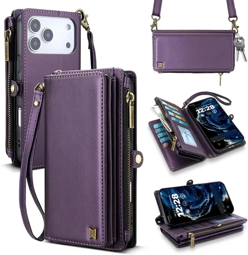 Vista 37 de Funda tipo cartera para iPhone 16 Pro Max con 8 tarjeteros, bloqueo RFID, piel sintética, función atril, abatible, correa de muñeca y correa