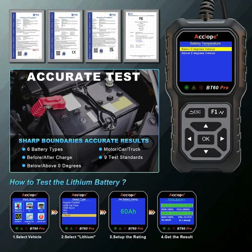 Vista 12 de BT60 Pro Probador de Batería de Coche, Analizador Digital con Impresión en la Nube, Verificador de Batería de 6V/12V/24V para AGM, Litio