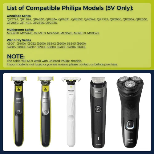 Vista 4 de Cable de carga USB-C de 5 V compatible con los modelos de afeitadora Philips Norelco - QP2724, QP1924, QP4530, QP2834, QP4631, X3001, MG5910