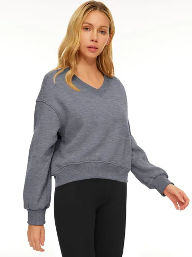 Vista 3 de AUTOMET Sudadera corta de manga larga para mujer, de forro polar, cuello en V