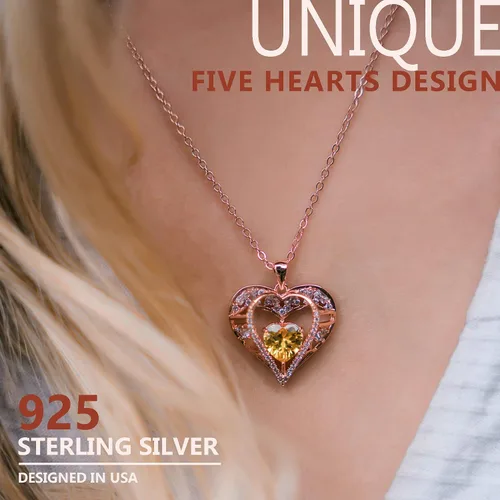 Vista 38 de Collar de cristal de 5 corazones, chapado en oro rosa de 18 quilates, colgante con cadena de plata de ley 925 de 18 + 2 pulgadas, joyería de piedra