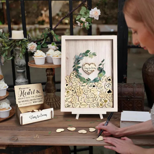 Vista 3 de Y&K Homish Caja para libro de invitados, caja con soporte de corazón, letrero de boda de madera, caja con forma de corazón para caja de mensaje