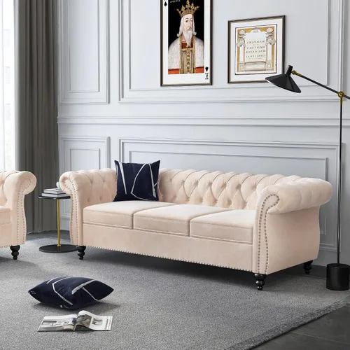 Vista 14 de QHITTY Sofá grande Accent, sofá Chesterfield de 3 plazas moderno de cuero, sofá tapizado con respaldo copetudo para muebles de sala de estar (negro)