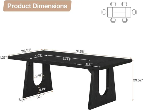 Vista 2 de Tribesigns Mesa de comedor grande para 6-8 personas, mesa rectangular rústica de madera de 70.9 pulgadas con patas de madera negra, mesa de cocina