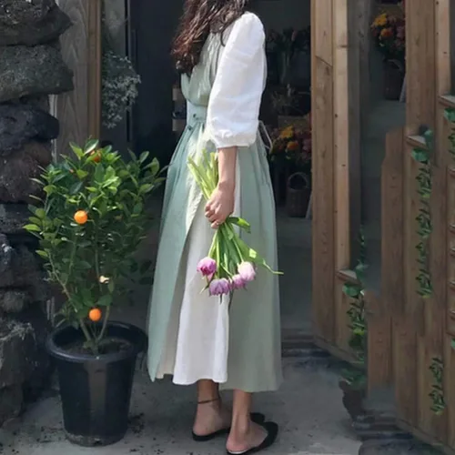 Vista 9 de Delantal plisado vintage para mujeres y niñas, cuello en V, para jardinería, de algodón, vestido de pinafore Verde