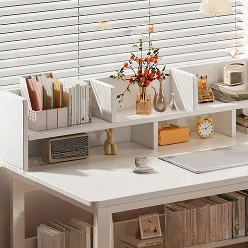 Vista 3 de Escritorio moderno con 3 cajones, mesa de estudio de computadora con gabinete para oficina en casa, estación de trabajo para espacios pequeños Gris