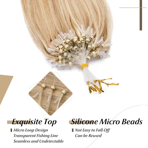 Vista 3 de SEGO Extensiones de cabello humano con micro cuentas, extensiones de cabello humano con micro bucle, lacio, natural, fusión fría, 1.76 oz/paquete
