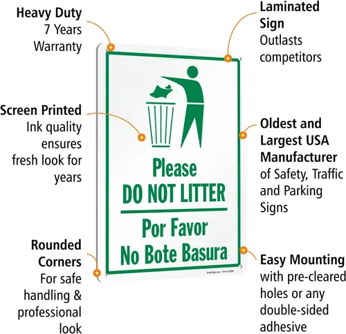 Vista 6 de SmartSign Letrero de metal con texto en inglés "Please Do Not Litter, Por Favor No Bote Basura" de 14 x 10 pulgadas, aluminio laminado a prueba