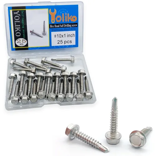 Vista 14 de Tornillos autoperforantes de cabeza hexagonal de arandela #14 x4 (1" a 4-7/8" disponibles), acero inoxidable 410, tornillos Tek de chapa