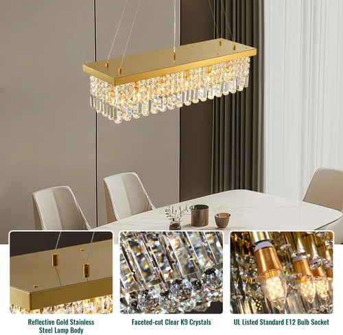 Vista 8 de Siljoy Candelabro de Cristal Moderno de 6 Luces Rectangular Dorado K9 Candelabro de Cristal en Forma de Gota de Lluvia para Comedor, Lámpara