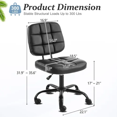 Vista 2 de VINGLI Silla de escritorio compacta y pequeña, linda silla sin brazos con ruedas, silla de tocador con respaldo bajo, silla de tarea ajustable