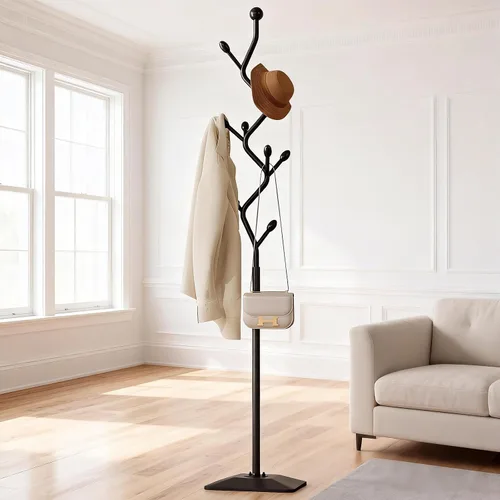 Vista 2 de Perchero con forma de árbol, árbol de abrigos independiente con 8 ganchos y base de metal resistente para abrigos, sombreros y bolsos, soporte
