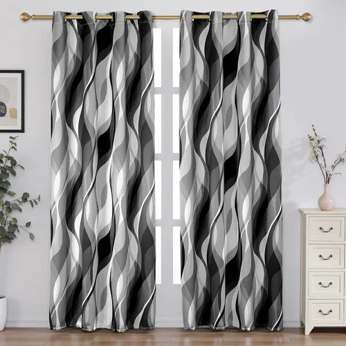 Vista 14 de weesire - Cortinas opacas azules y grises modernas con rayas decorativas, 100% bloqueo de luz, oscurecimiento con ojales, cortina azul para sala