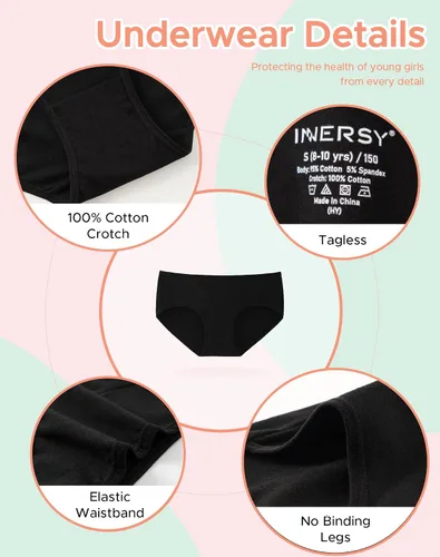 Vista 3 de INNERSY Ropa interior de algodón para niñas, bragas cómodas para adolescentes, talla 8-16, paquete de 6