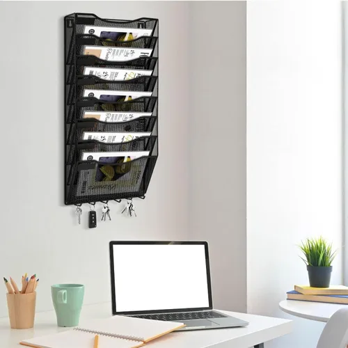 Vista 8 de Flexzion Organizador de archivos de pared, soporte de malla para colgar archivos, revisteros, organizador de archivos colgante de metal, multiusos