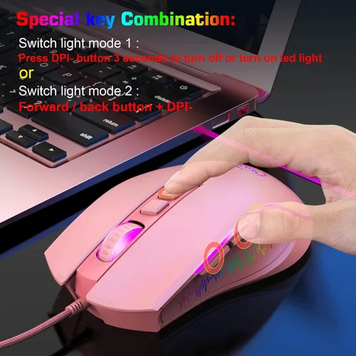Vista 4 de Atrasee Ratón profesional para juegos con cable con 6 niveles de DPI hasta 7200, 7 retroiluminación RGB programable, 7 botones, mouse óptico USB
