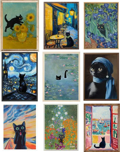 Vista 2 de 9 piezas divertidas de arte de pared de gato negro, gatos negros retro en pinturas famosas, carteles impresos, lindos gatos coloridos, decoración