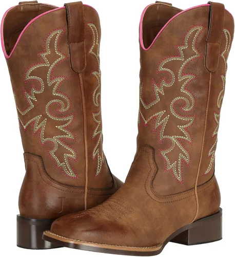 Vista 8 de J's.o.l.e Botas vaqueras de moda para mujer, punta cuadrada, anchas, media pantorrilla, vaqueras occidentales