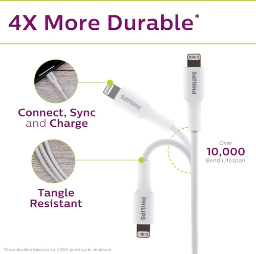 Vista 4 de Philips Cable USB C a Lightning, cable de carga de iPhone de 4 pies para las series 14/13/12, cargador de Airpod Pro, cables de carga Lightning