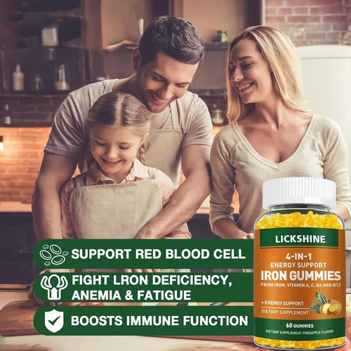 Vista 4 de Paquete de 2 gomitas veganas de suplemento de hierro de 100 mg para mujeres y hombres, con vitamina C, A, B para adultos y niños, apoyo energético