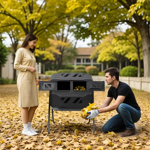 Vista 2 de HomGarden Contenedor de compostaje de doble cámara de 43 galones para exteriores, vaso de compostaje resistente con 2 puertas correderas para Negro