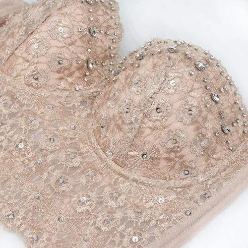 Vista 4 de ELLACCI Sujetador corto de malla sexy con diamantes de imitación para mujer
