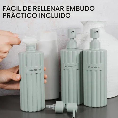 Vista 5 de Elegante dispensador de champú y acondicionador, juego de 3 botellas Salvia