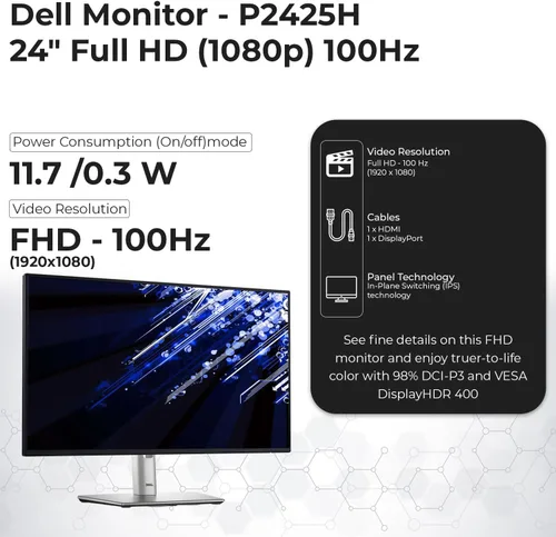 Vista 3 de P2425H - Monitor de computadora de 24 pulgadas, pantalla IPS 16:9 con soporte, 100 Hz Full HD, 1920 x 1080 con cable de alimentación, DisplayPort