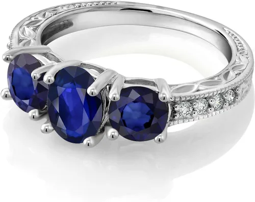 Vista 78 de Gem Stone King Anillo de compromiso de 3 piedras preciosas de oro blanco de 10 quilates con piedra natal y diamantes cultivados en laboratorio