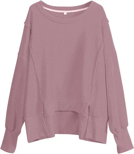 Vista 7 de Blusas y camisas con botones, sudadera de gran tamaño con cuello redondo y color liso, con abertura lateral, manga larga