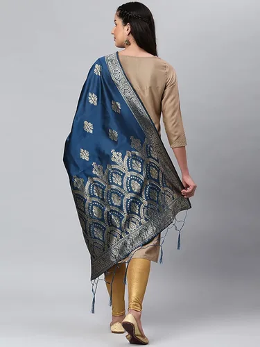 Vista 2 de Indian Hawker Dupatta Banarasi - Borlas y flecos de Dupatta tejidas de seda para mujer color azul índigo 74ft Azul