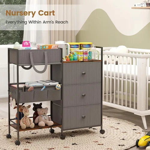 Vista 7 de Organizador de pañales de 3 niveles y carrito de almacenamiento, artículos esenciales para bebés con 2+2 divisores y 3 cajones, carrito rodante