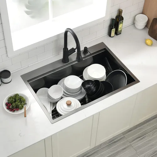Vista 8 de Fregadero de cocina de 33 x 22 pulgadas, fregadero de cocina negro de 33 pulgadas, fregadero de estación de trabajo de acero inoxidable 304 negro