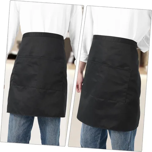 Vista 2 de ULTECHNOVO Delantal de trabajo unisex para mujer y hombre, delantal de cocina con bolsillos dobles, cintura corta, color blanco, 27.6x19.3 in, Negro