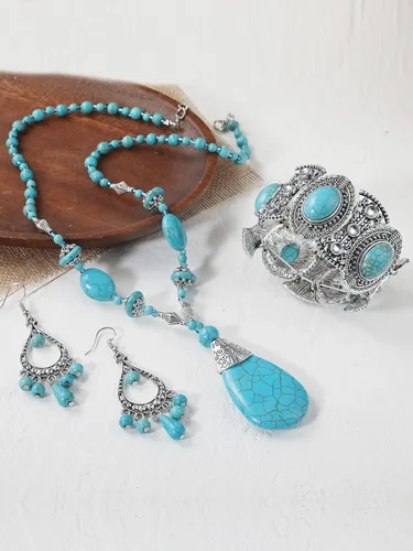Vista 4 de K Collar bohemio turquesa con cuentas largas para mujer, joyería nativa para mujer, colgante étnico, joyería de estilo nacional, Zinc, No es una