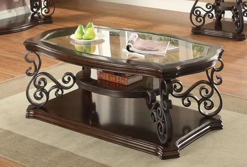 Vista 3 de Elegante mesa auxiliar retro, mesa de cóctel rectangular tradicional de 3 niveles con parte superior de vidrio templado, estante de mármol medio