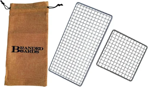Vista 8 de Parrilla portátil de Bushcraft con rejilla para barbacoa de acero inoxidable, tabla de cortar de bambú, bolsa de arpillera, cuchillo mini, kits