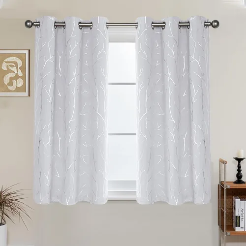 Vista 76 de BUHUA Cortinas pequeñas para ventana de 36 pulgadas de largo, 2 paneles, cortinas opacas con elegantes ramas de árbol plateadas, cortinas de bloqueo