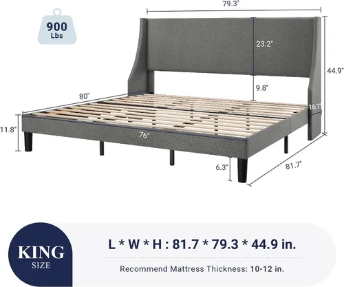 Vista 2 de Allewie Marco de Cama de Plataforma Tamaño King con Cabecera Tapizada, Respaldo Wingback Moderno de Lujo, Soporte de Listones de Madera, Base