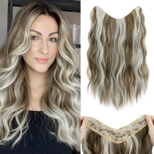 Vista 53 de S-noilite Extensiones de cabello de una pieza con clip, color rubio balayage de 18 pulgadas, en forma de U, extensiones de cabello de trama de una
