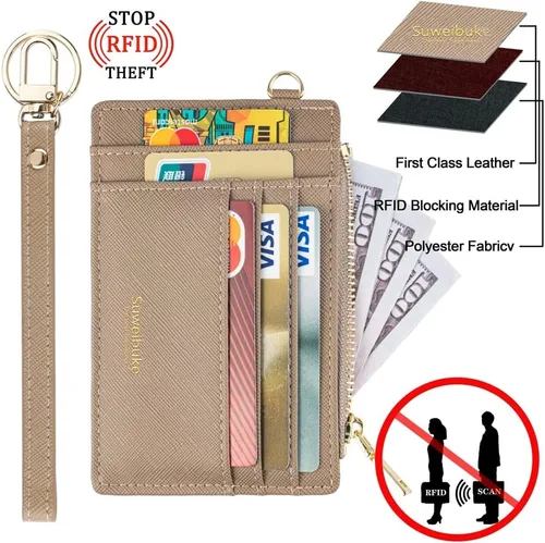 Vista 4 de Wikavanli Funda delgada para mujer con bloqueo RFID para tarjetas de crédito, tarjetero con cremallera para identificación, cartera pequeña