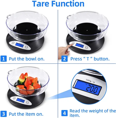 Vista 2 de THINKSCALE - Báscula de cocina de 11 libras con cuenco, LCD retroiluminado de 1 g/0.1 oz para hornear Digital Food Scale 5kg, Min 3g Start, Grams
