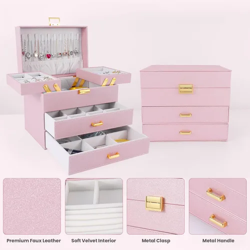 Vista 5 de Dajasan Cajas de joyería para mujeres y niñas, organizador de almacenamiento de joyas, 4 capas, caja organizadora de joyas grande con 2 cajones