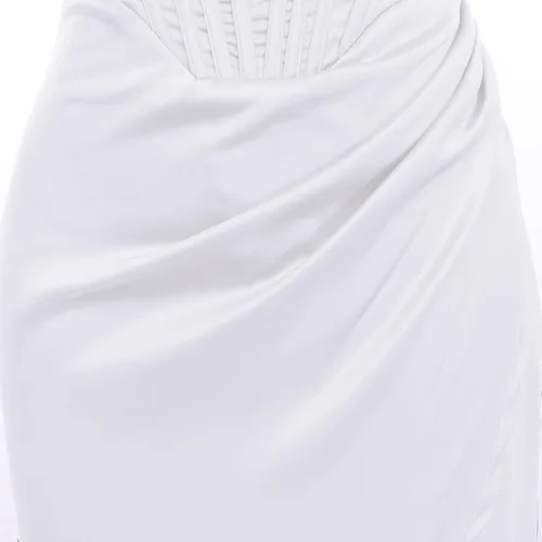 Vista 6 de Vestido de satén con hombros descubiertos para mujer, sin tirantes, espalda descubierta, abertura alta, entallado, fruncido, vestido de fiesta
