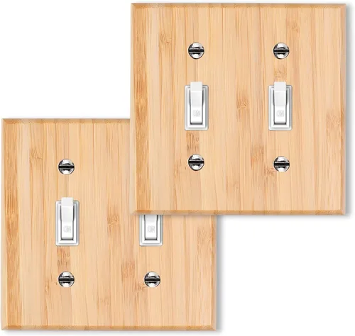Vista 18 de Placa de Interruptor de Luz Dúplex de Palanca de Madera Maciza de 1 Gang, 4.5" x 4.5", Cubierta de Interruptor de Luz de Bambú de Madera Cruda