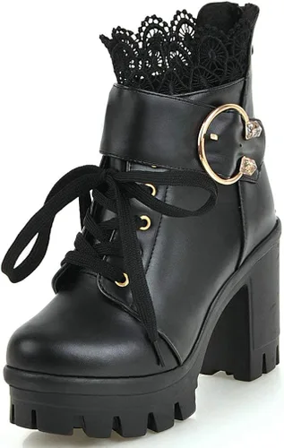 Vista 2 de Parisuit Botas de tobillo de plataforma gruesa para mujer con cordones y tacón alto