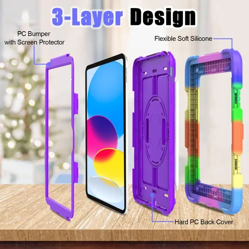 Vista 8 de Funda para iPad de 10.9 pulgadas 2022, duradera, ligera, a prueba de golpes, con soporte para lápices, soporte giratorio de 360º, correa