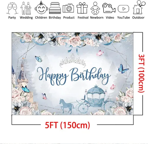 Vista 4 de Mocsicka Telón de fondo de cumpleaños de princesa azul, castillo floral, carruaje, corona plateada, mariposa, decoraciones de cumpleaños para niñas