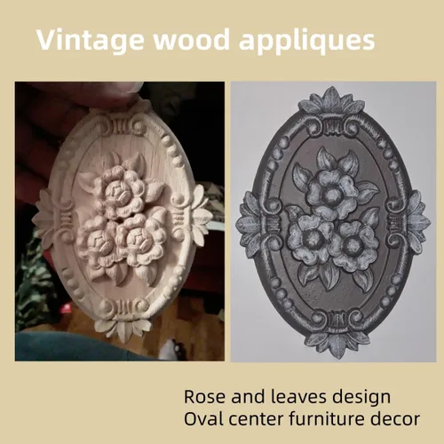 Vista 4 de Apliques de madera, adornos decorativos de madera, adornos tallados en rosas para muebles, calcomanías ovaladas de talla central para puerta 1