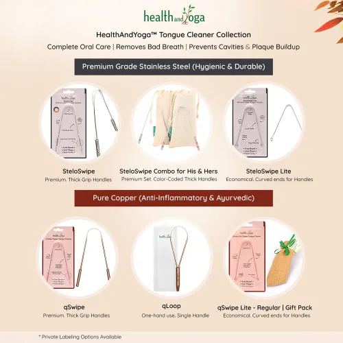 Vista 3 de Raspador limpiador de lengua HealthAndYoga(TM), de acero inoxidable de grado quirúrgico, inhibidores de bacterias, agarre no sintético, esterilizable